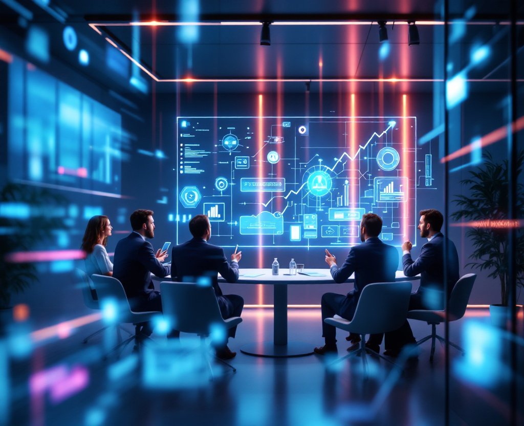 Business consultants in conference room planning automation and robotics integration for commercial cleaning