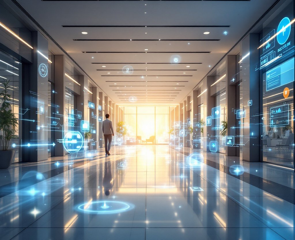 Pristine business environment representing commercial cleaning robot technology and customizable cleaning plans