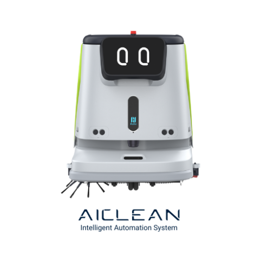 AIClean cleaning robot displaying company logo and intelligent automation system for advanced commercial cleaning