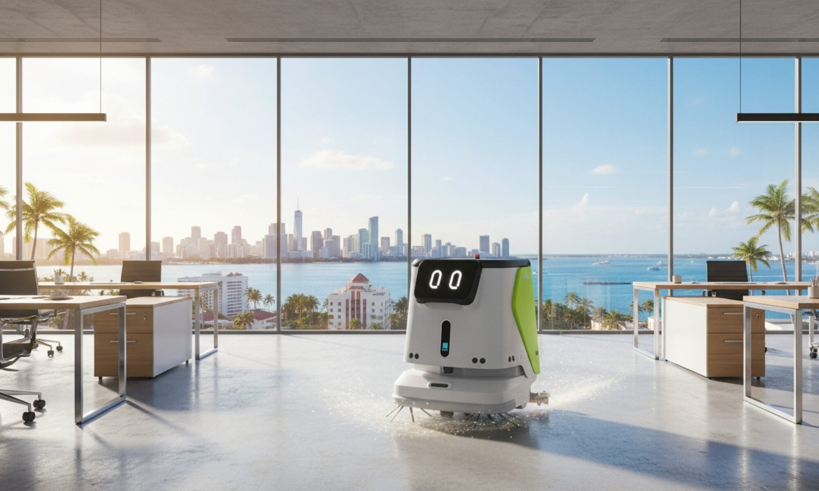 Robot de limpieza Pudu trabajando en oficina moderna con vistas a la ciudad de Miami