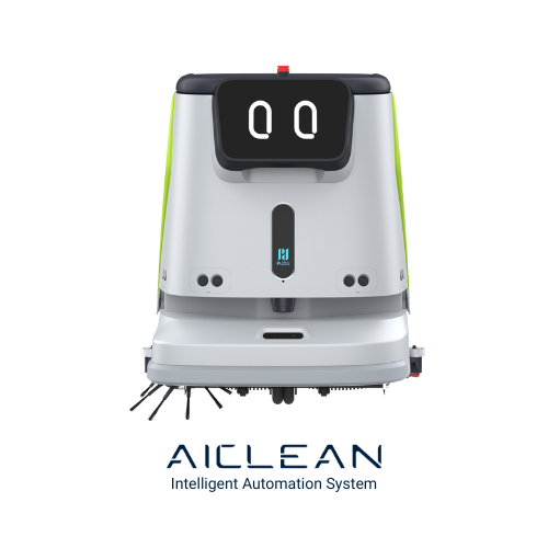 AIClean cleaning robot displaying company logo and intelligent automation system for advanced commercial cleaning